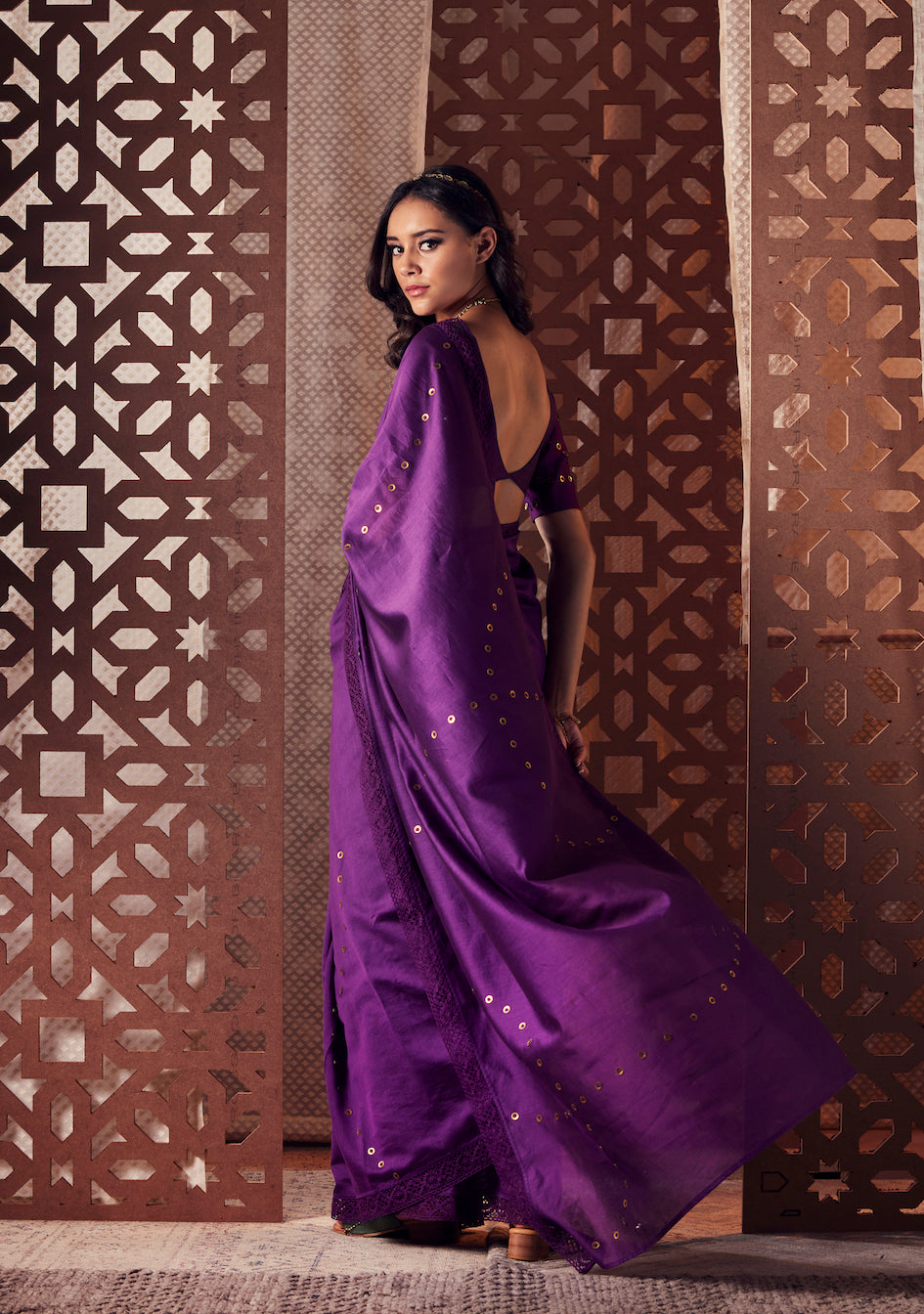 Dhupiyan Silk Saree with Royal Purple and Zardosi Cut Silver Handwork