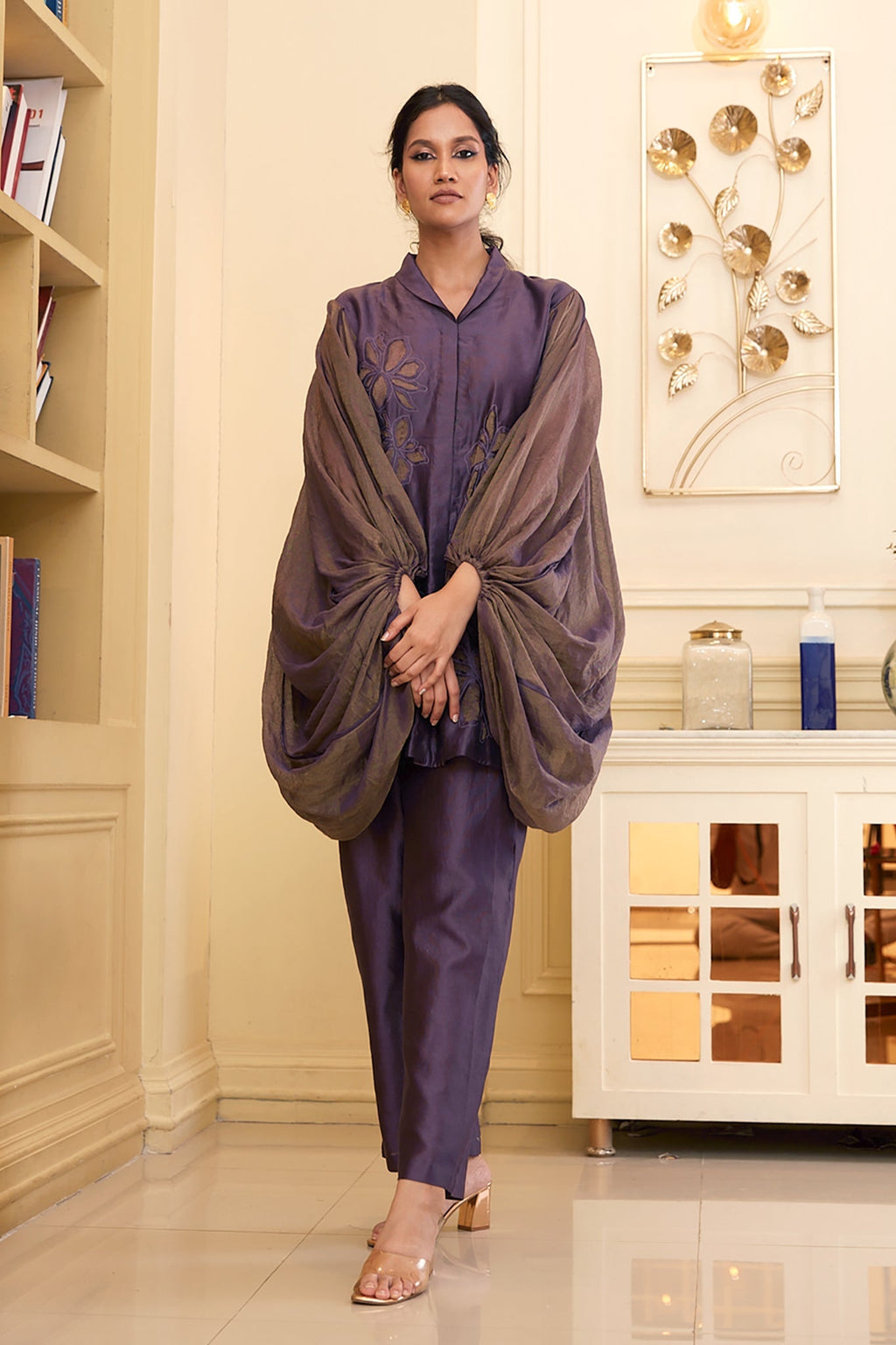 Purple Chanderi Silk Co-Ord Set at Kamakhyaa by Chambray & Co.. This item is Chambray & Co, Chanderi Silk, Complete Sets, Embroidered, Natural, Party Wear, PartyWear Co-ords, Purple, Regular Fit, Taabir, Womenswear