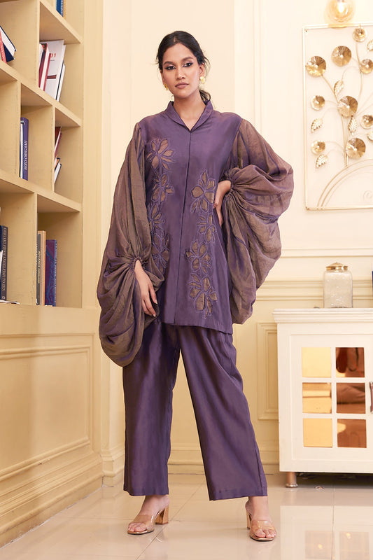 Purple Chanderi Silk Co-Ord Set at Kamakhyaa by Chambray & Co.. This item is Chambray & Co, Chanderi Silk, Complete Sets, Embroidered, Natural, Party Wear, PartyWear Co-ords, Purple, Regular Fit, Taabir, Womenswear