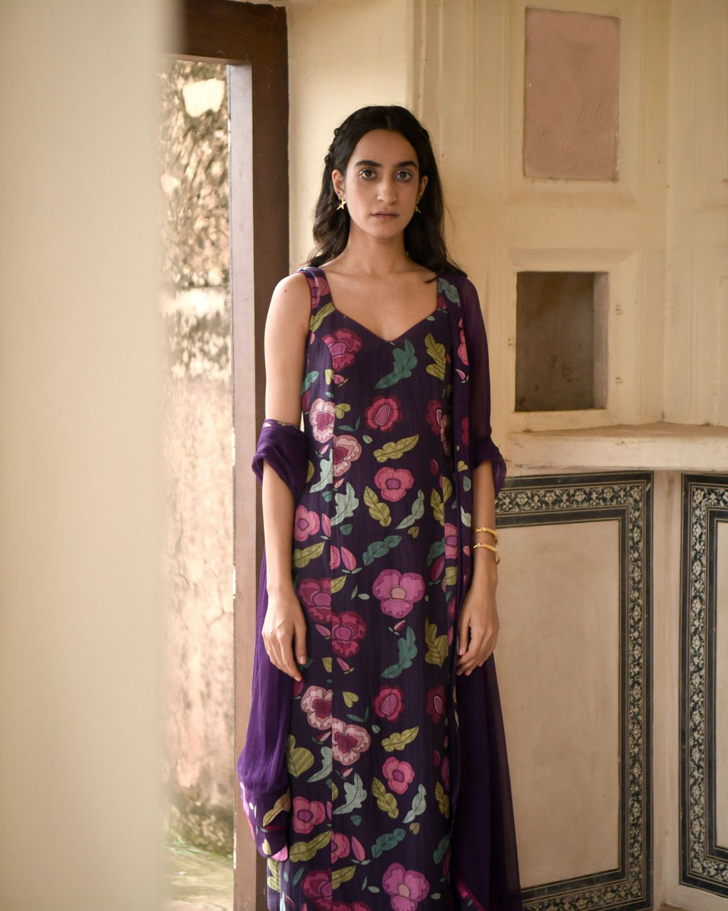 Purple Chanderi Silk Kurta Set at Kamakhyaa by Taro. This item is Casual Wear, Chanderi Silk, Chiffon, Digital Print, Enchanted Garden, Evening Wear, Indian Wear, July Sale, July Sale 2023, Kurta Pant Sets, Kurta Set With Dupatta, Natural, Natural with azo free dyes, Purple, Relaxed Fit, Womenswear