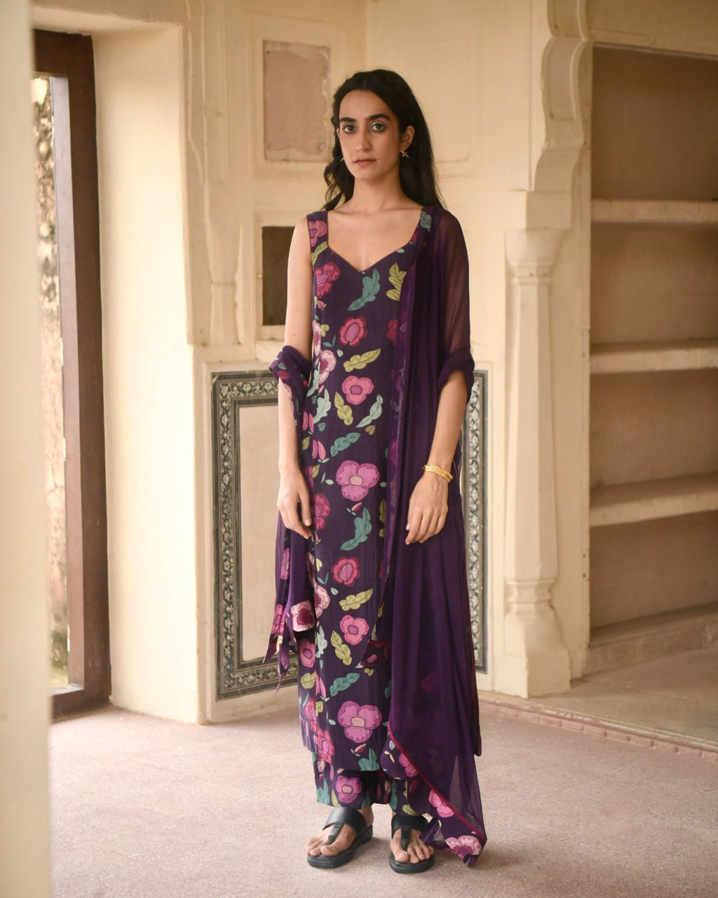 Purple Chanderi Silk Kurta Set at Kamakhyaa by Taro. This item is Casual Wear, Chanderi Silk, Chiffon, Digital Print, Enchanted Garden, Evening Wear, Indian Wear, July Sale, July Sale 2023, Kurta Pant Sets, Kurta Set With Dupatta, Natural, Natural with azo free dyes, Purple, Relaxed Fit, Womenswear