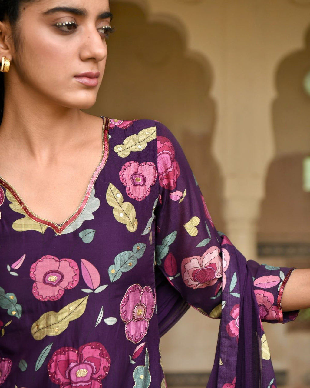 Purple Chanderi Silk Kurta Set With Chiffon Dupatta at Kamakhyaa by Taro. This item is Beads work, Chanderi Silk, Chiffon, Digital Print, Enchanted Garden, Evening Wear, Festive Wear, Indian Wear, July Sale, July Sale 2023, Kurta Pant Sets, Kurta Set With Dupatta, Natural, Natural with azo free dyes, Purple, Relaxed Fit, Sequin Work, Womenswear