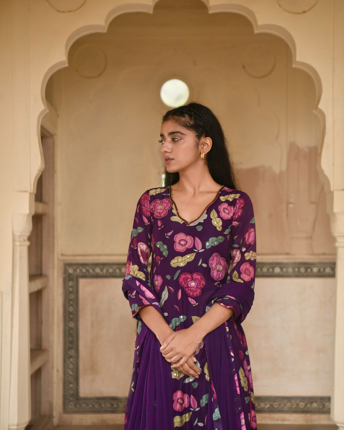 Purple Chanderi Silk Kurta Set With Chiffon Dupatta at Kamakhyaa by Taro. This item is Beads work, Chanderi Silk, Chiffon, Digital Print, Enchanted Garden, Evening Wear, Festive Wear, Indian Wear, July Sale, July Sale 2023, Kurta Pant Sets, Kurta Set With Dupatta, Natural, Natural with azo free dyes, Purple, Relaxed Fit, Sequin Work, Womenswear