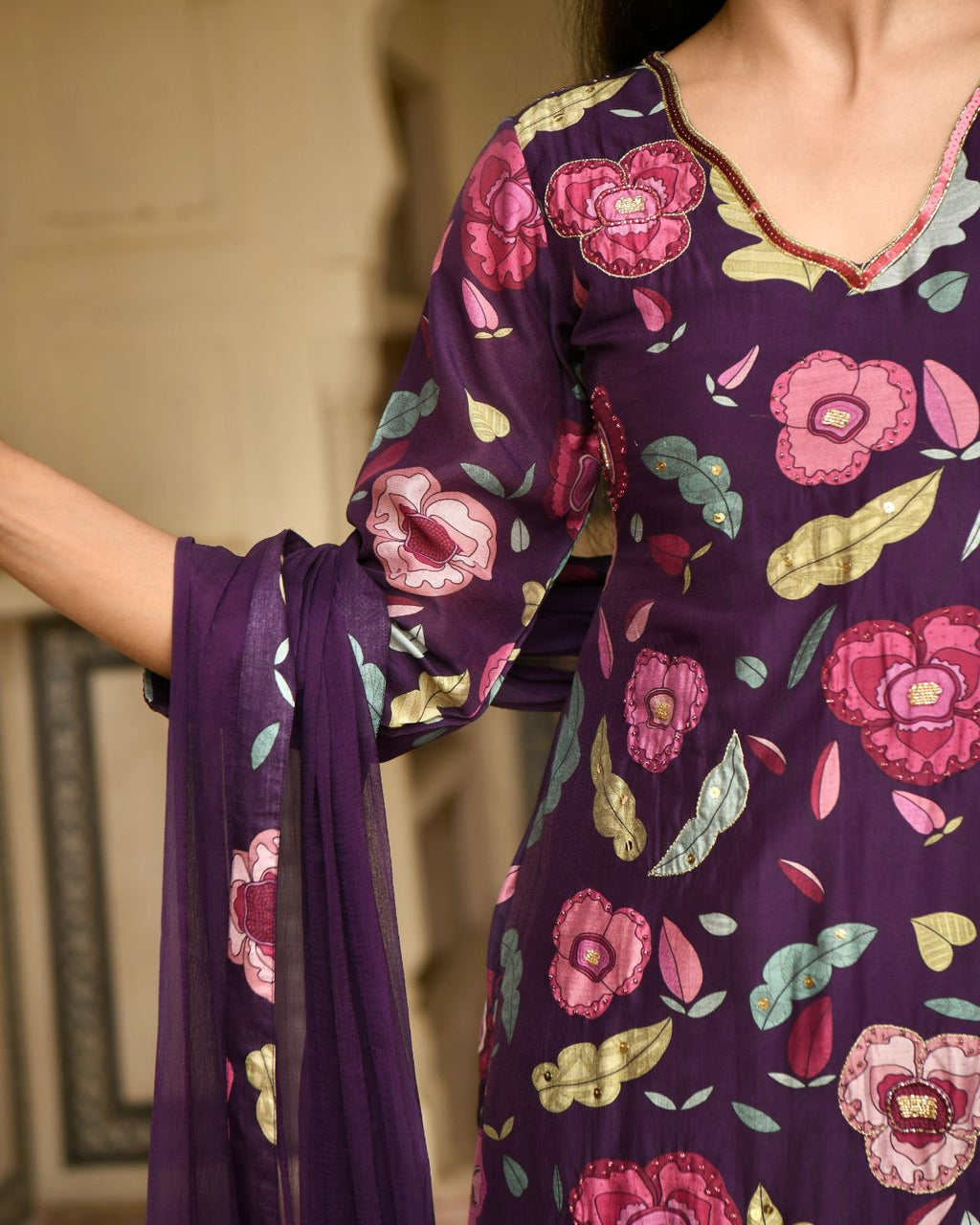 Purple Chanderi Silk Kurta Set With Chiffon Dupatta at Kamakhyaa by Taro. This item is Beads work, Chanderi Silk, Chiffon, Digital Print, Enchanted Garden, Evening Wear, Festive Wear, Indian Wear, July Sale, July Sale 2023, Kurta Pant Sets, Kurta Set With Dupatta, Natural, Natural with azo free dyes, Purple, Relaxed Fit, Sequin Work, Womenswear