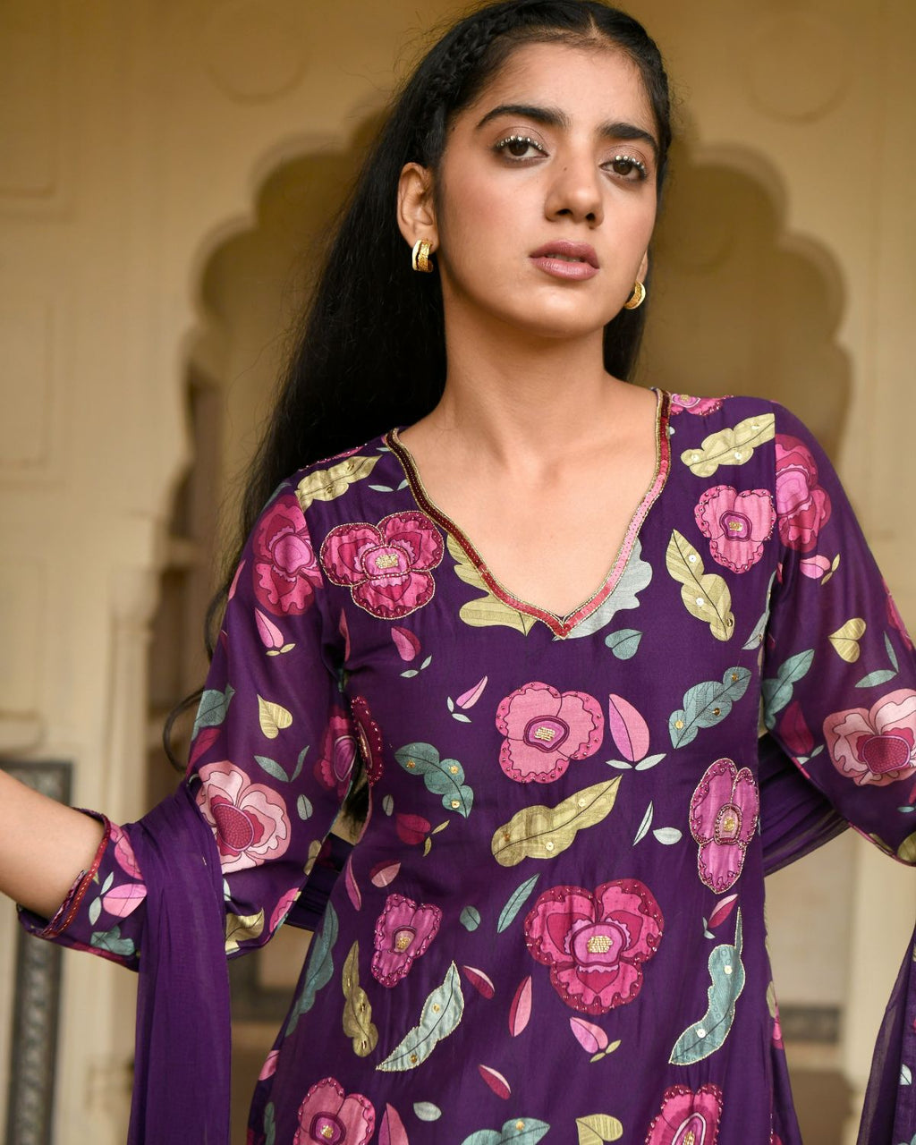 Purple Chanderi Silk Kurta Set With Chiffon Dupatta at Kamakhyaa by Taro. This item is Beads work, Chanderi Silk, Chiffon, Digital Print, Enchanted Garden, Evening Wear, Festive Wear, Indian Wear, July Sale, July Sale 2023, Kurta Pant Sets, Kurta Set With Dupatta, Natural, Natural with azo free dyes, Purple, Relaxed Fit, Sequin Work, Womenswear