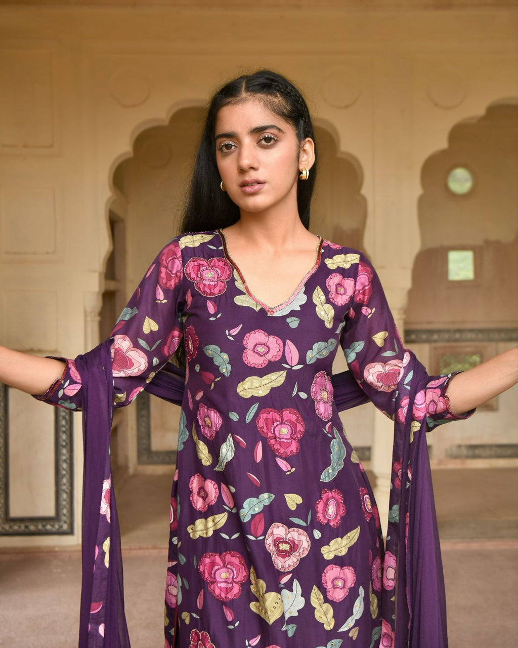 Purple Chanderi Silk Kurta Set With Chiffon Dupatta at Kamakhyaa by Taro. This item is Beads work, Chanderi Silk, Chiffon, Digital Print, Enchanted Garden, Evening Wear, Festive Wear, Indian Wear, July Sale, July Sale 2023, Kurta Pant Sets, Kurta Set With Dupatta, Natural, Natural with azo free dyes, Purple, Relaxed Fit, Sequin Work, Womenswear