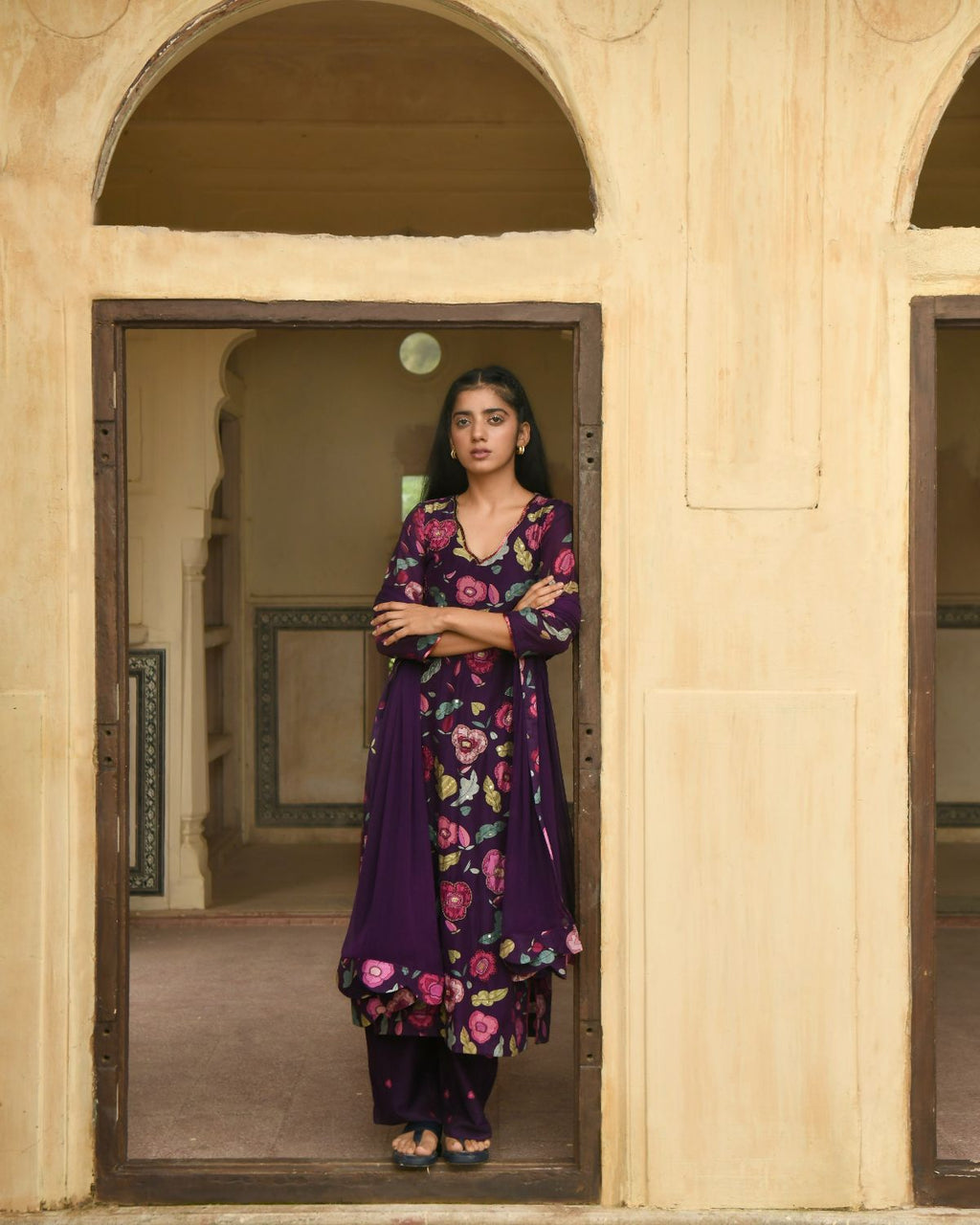 Purple Chanderi Silk Kurta Set With Chiffon Dupatta at Kamakhyaa by Taro. This item is Beads work, Chanderi Silk, Chiffon, Digital Print, Enchanted Garden, Evening Wear, Festive Wear, Indian Wear, July Sale, July Sale 2023, Kurta Pant Sets, Kurta Set With Dupatta, Natural, Natural with azo free dyes, Purple, Relaxed Fit, Sequin Work, Womenswear