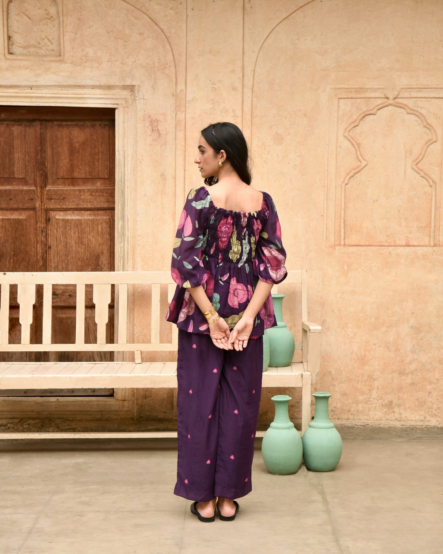 Purple Chanderi Silk Pant at Kamakhyaa by Taro. This item is Azo Free Dyes, Best Selling, Casual Wear, Chanderi Silk, Garden Of Dreams, July Sale, July Sale 2023, Pants, Prints, Purple, Regular Fit, Womenswear