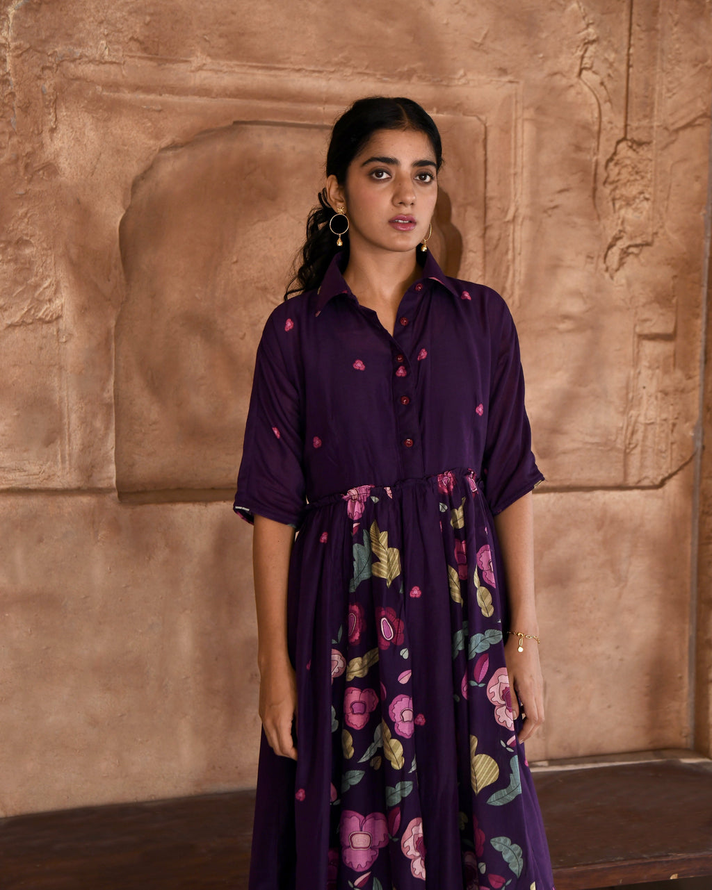 Purple Chanderi Silk Shirt Dress at Kamakhyaa by Taro. This item is Azo Free Dyes, Chanderi Silk, Garden Of Dreams, July Sale, July Sale 2023, Office Wear, Prints, Purple, Relaxed Fit, Shirt Dresses, Womenswear