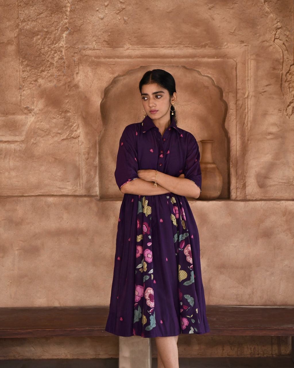 Purple Chanderi Silk Shirt Dress at Kamakhyaa by Taro. This item is Azo Free Dyes, Chanderi Silk, Garden Of Dreams, July Sale, July Sale 2023, Office Wear, Prints, Purple, Relaxed Fit, Shirt Dresses, Womenswear