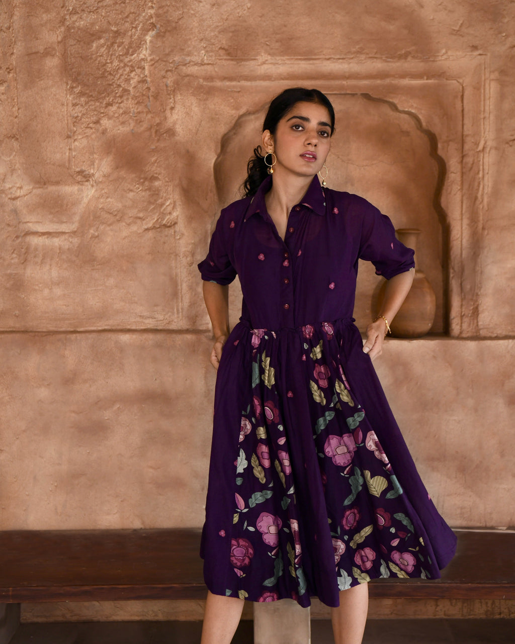 Purple Chanderi Silk Shirt Dress at Kamakhyaa by Taro. This item is Azo Free Dyes, Chanderi Silk, Garden Of Dreams, July Sale, July Sale 2023, Office Wear, Prints, Purple, Relaxed Fit, Shirt Dresses, Womenswear