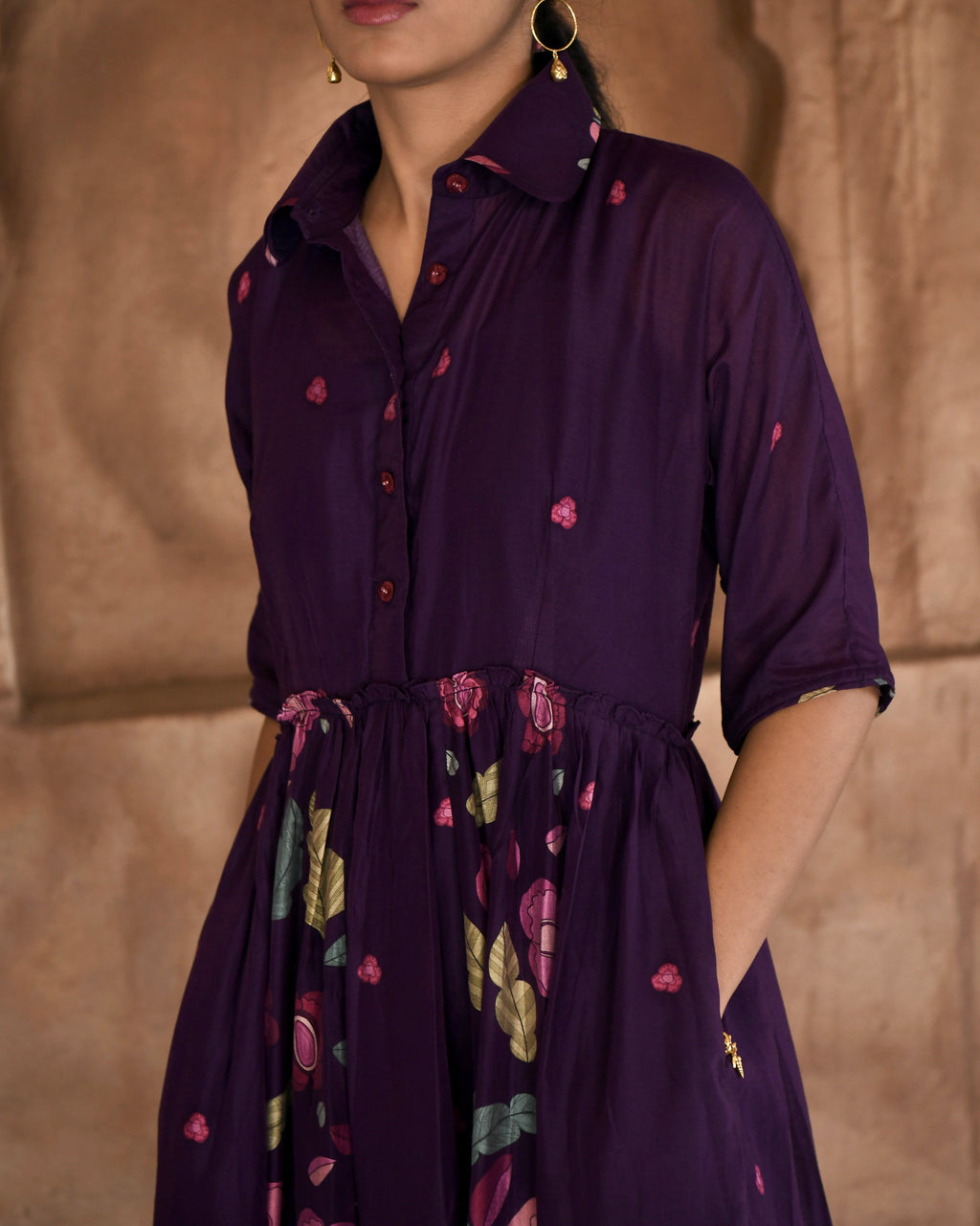 Purple Chanderi Silk Shirt Dress at Kamakhyaa by Taro. This item is Azo Free Dyes, Chanderi Silk, Garden Of Dreams, July Sale, July Sale 2023, Office Wear, Prints, Purple, Relaxed Fit, Shirt Dresses, Womenswear