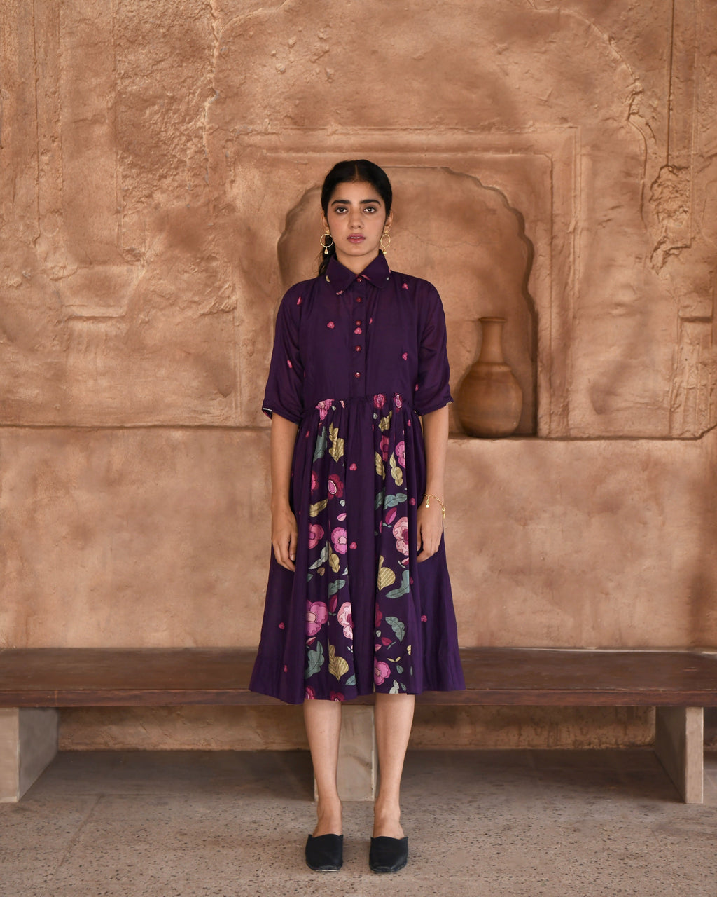 Purple Chanderi Silk Shirt Dress at Kamakhyaa by Taro. This item is Azo Free Dyes, Chanderi Silk, Garden Of Dreams, July Sale, July Sale 2023, Office Wear, Prints, Purple, Relaxed Fit, Shirt Dresses, Womenswear