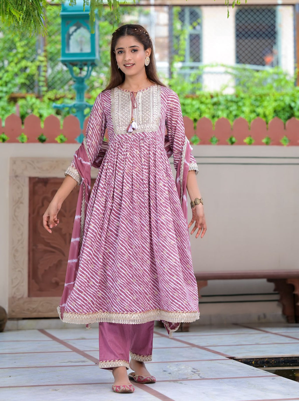 Purple Cotton Kurta Set With Dupatta at Kamakhyaa by Kamakhyaa. This item is Cotton, Ethnic Wear, Kurta Pant Sets, Kurta Set with Dupattas, Leheriya Prints, Mulmul, Natural, Purple, Regular Fit, Womenswear