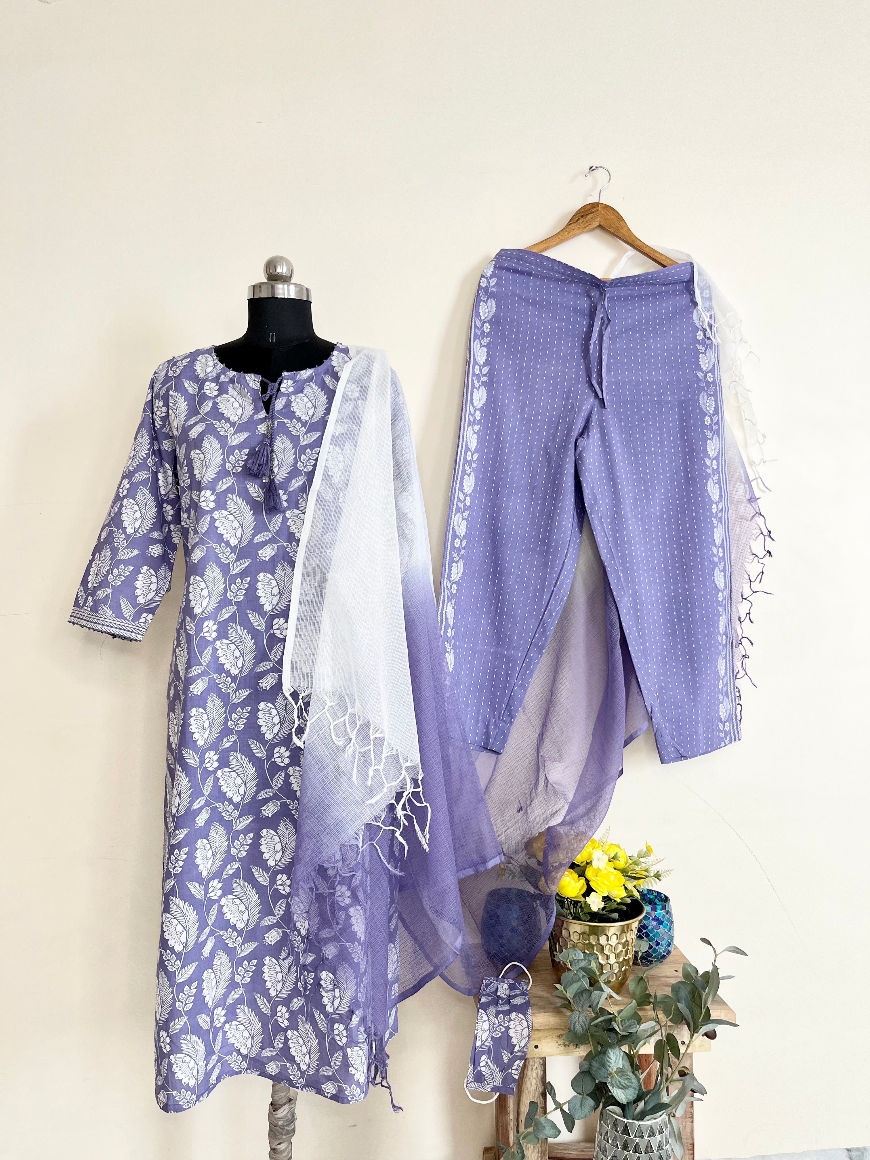Purple Cotton Kurta Set With Mask at Kamakhyaa by Kamakhyaa. This item is Cotton, Ethnic Wear, Kurta Pant Sets, Kurta Set with Dupattas, Natural, Prints, Purple, Regular Fit, Womenswear