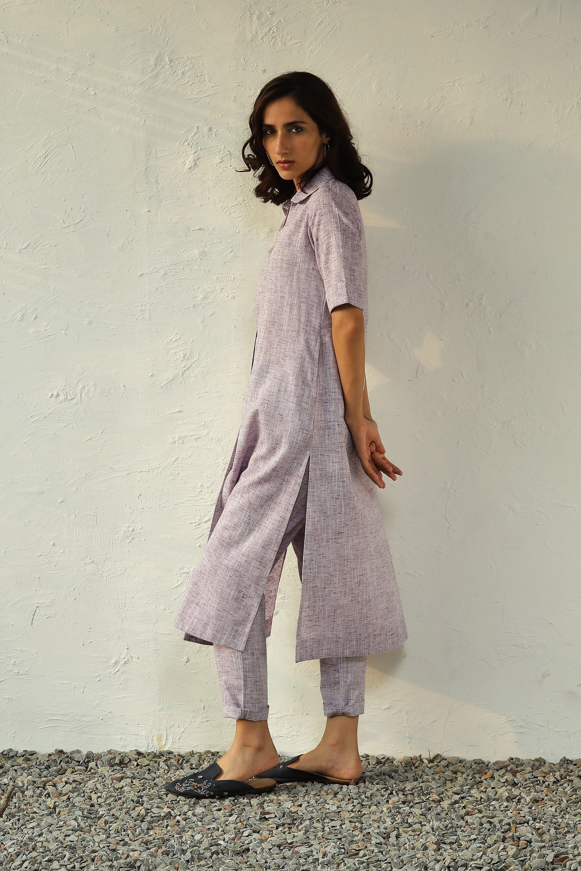 Purple Cotton Shirt Tunic Pant set at Kamakhyaa by Canoopi. This item is Canoopi, Casual Wear, Indian Wear, Khadi, Kurta Pant Sets, Natural, Purple, Regular Fit, Solids, Womenswear