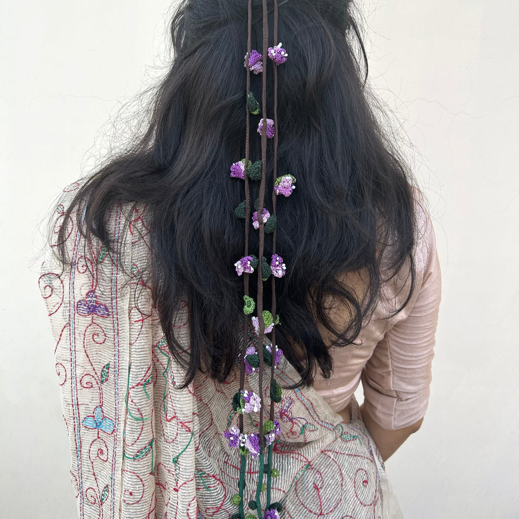 Purple Crochet Hair Parandi at Kamakhyaa by Ikriit'm. This item is Accessories, Cotton yarn, Crochet, Free Size, Hair Accessories, Ikriit'm, Natural, Purple