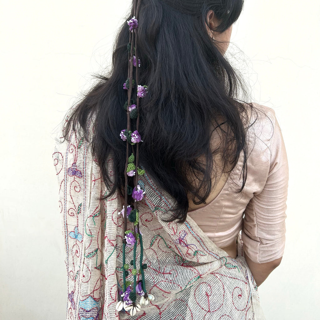 Purple Crochet Hair Parandi at Kamakhyaa by Ikriit'm. This item is Accessories, Cotton yarn, Crochet, Free Size, Hair Accessories, Ikriit'm, Natural, Purple