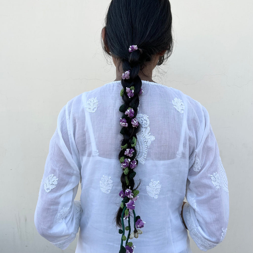 Purple Crochet Hair Parandi at Kamakhyaa by Ikriit'm. This item is Accessories, Cotton yarn, Crochet, Free Size, Hair Accessories, Ikriit'm, Natural, Purple