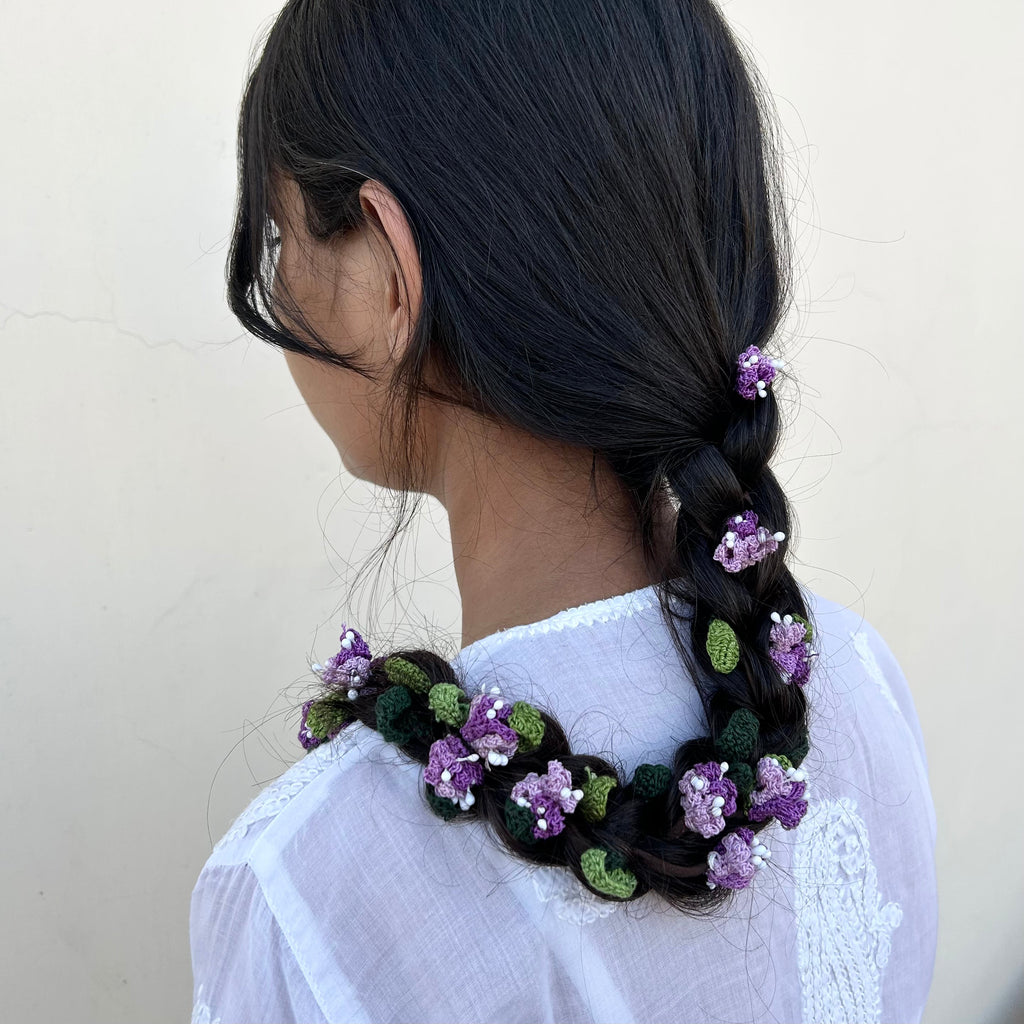 Purple Crochet Hair Parandi at Kamakhyaa by Ikriit'm. This item is Accessories, Cotton yarn, Crochet, Free Size, Hair Accessories, Ikriit'm, Natural, Purple