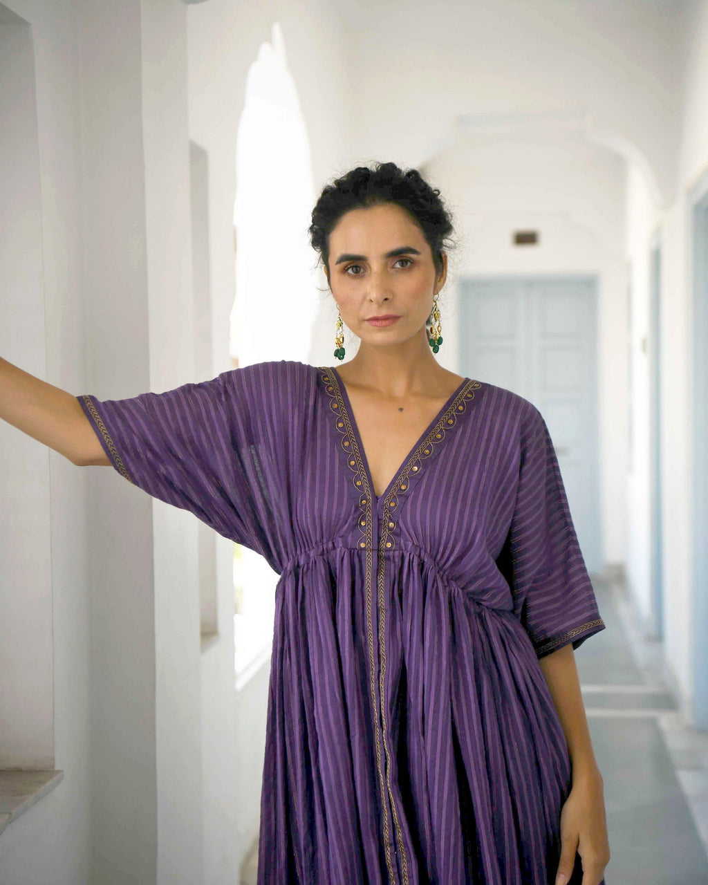 Purple Embroidered Cotton Kaftan Set at Kamakhyaa by Taro. This item is Co-ord Sets, Evening Wear, Handwoven Cotton, July Sale, July Sale 2023, Kaftan Set, Natural, party, Party Wear Co-ords, Purple, Regular Fit, Sitara Taro, Textured, Womenswear