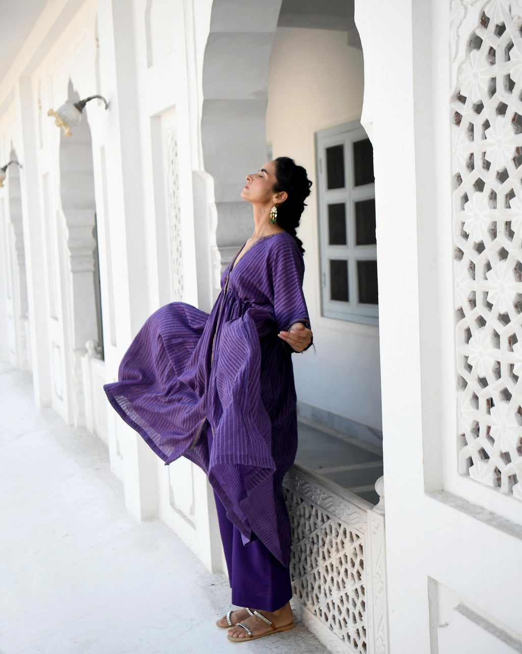 Purple Embroidered Cotton Kaftan Set at Kamakhyaa by Taro. This item is Co-ord Sets, Evening Wear, Handwoven Cotton, July Sale, July Sale 2023, Kaftan Set, Natural, party, Party Wear Co-ords, Purple, Regular Fit, Sitara Taro, Textured, Womenswear