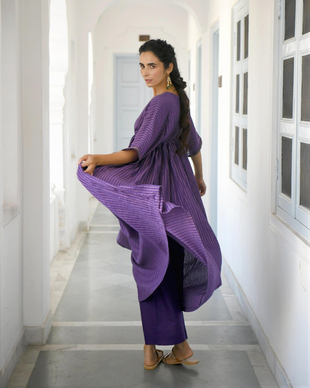Purple Embroidered Cotton Kaftan Set at Kamakhyaa by Taro. This item is Co-ord Sets, Evening Wear, Handwoven Cotton, July Sale, July Sale 2023, Kaftan Set, Natural, party, Party Wear Co-ords, Purple, Regular Fit, Sitara Taro, Textured, Womenswear