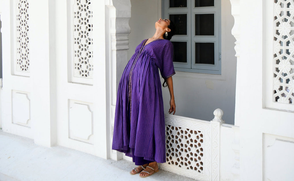 Purple Embroidered Cotton Kaftan Set at Kamakhyaa by Taro. This item is Co-ord Sets, Evening Wear, Handwoven Cotton, July Sale, July Sale 2023, Kaftan Set, Natural, party, Party Wear Co-ords, Purple, Regular Fit, Sitara Taro, Textured, Womenswear