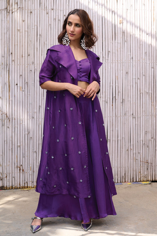 Purple Hand Embroidered Three Piece Set at Kamakhyaa by Kanelle. This item is Dress Sets, Festive Wear, Hand Embroidered, Natural, Partywear Co-ords, Purple, Rang, Regular Fit, Solid, Viscose Satin, Viscose Silk, Womenswear