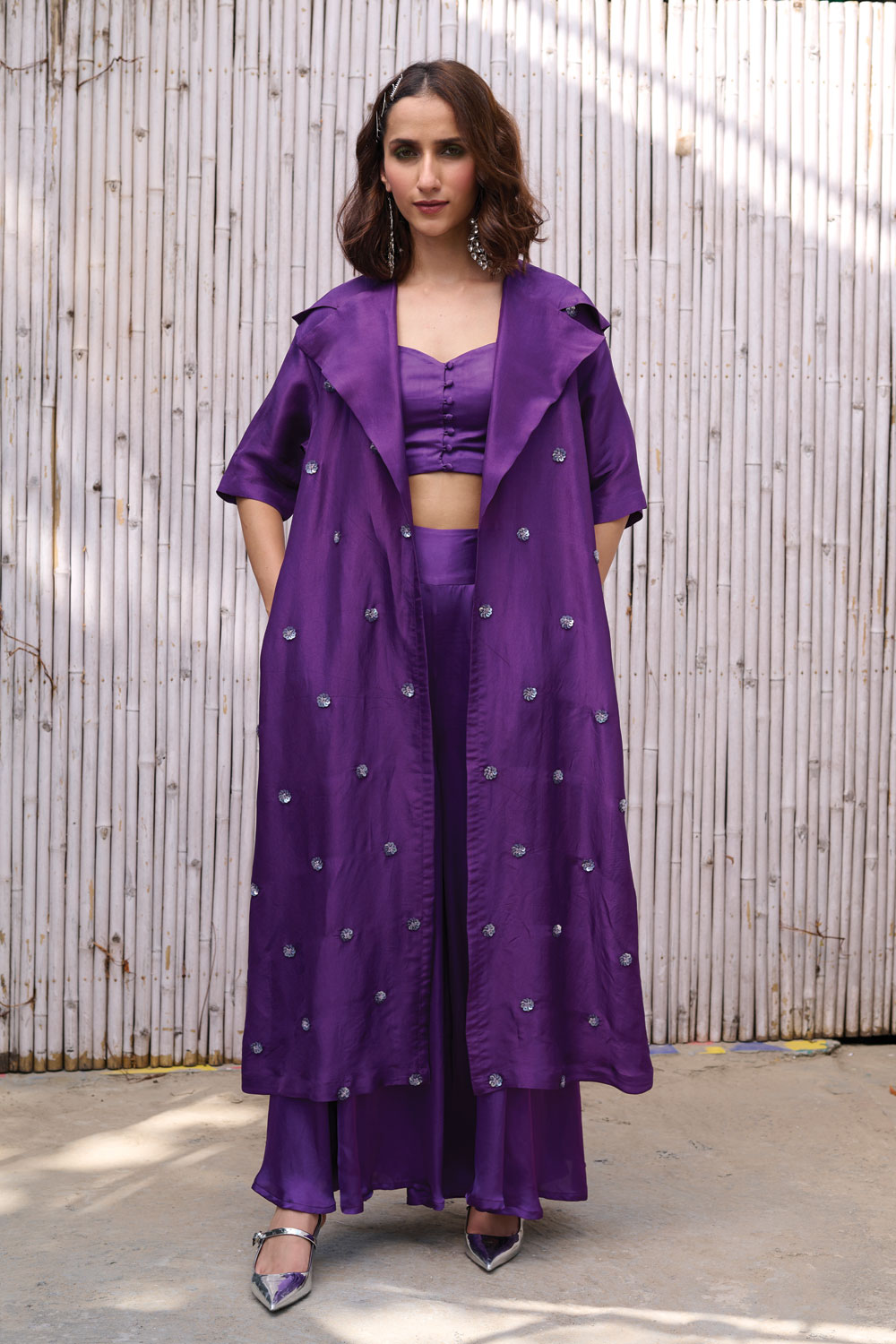 Purple Hand Embroidered Three Piece Set at Kamakhyaa by Kanelle. This item is Dress Sets, Festive Wear, Hand Embroidered, Natural, Partywear Co-ords, Purple, Rang, Regular Fit, Solid, Viscose Satin, Viscose Silk, Womenswear