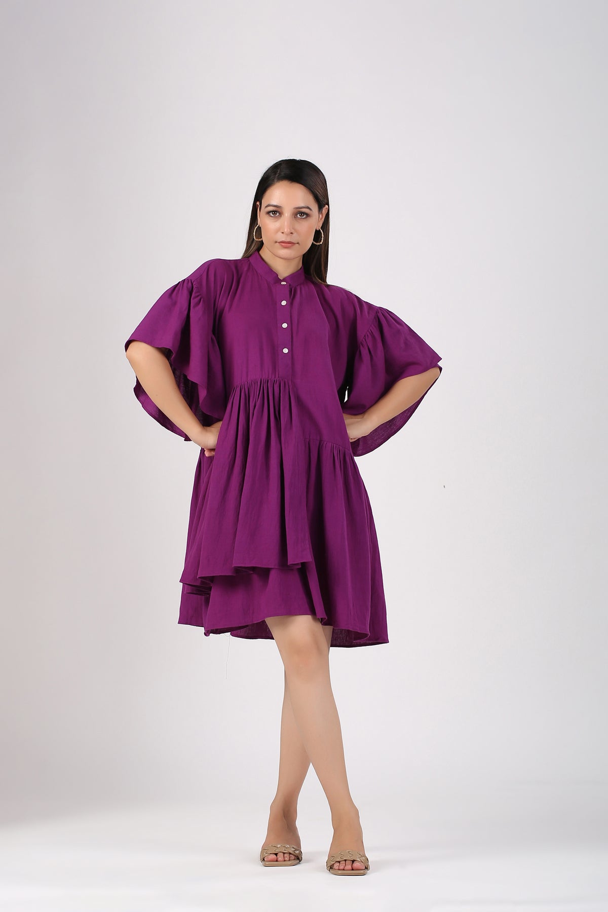 Purple Mini Dress at Kamakhyaa by MOH-The Eternal Dhaga. This item is Casual Wear, Cotton, Mini Dresses, Moh-The eternal Dhaga, Natural, Purple, Relaxed Fit, Shirt Dresses, Solids, Womenswear