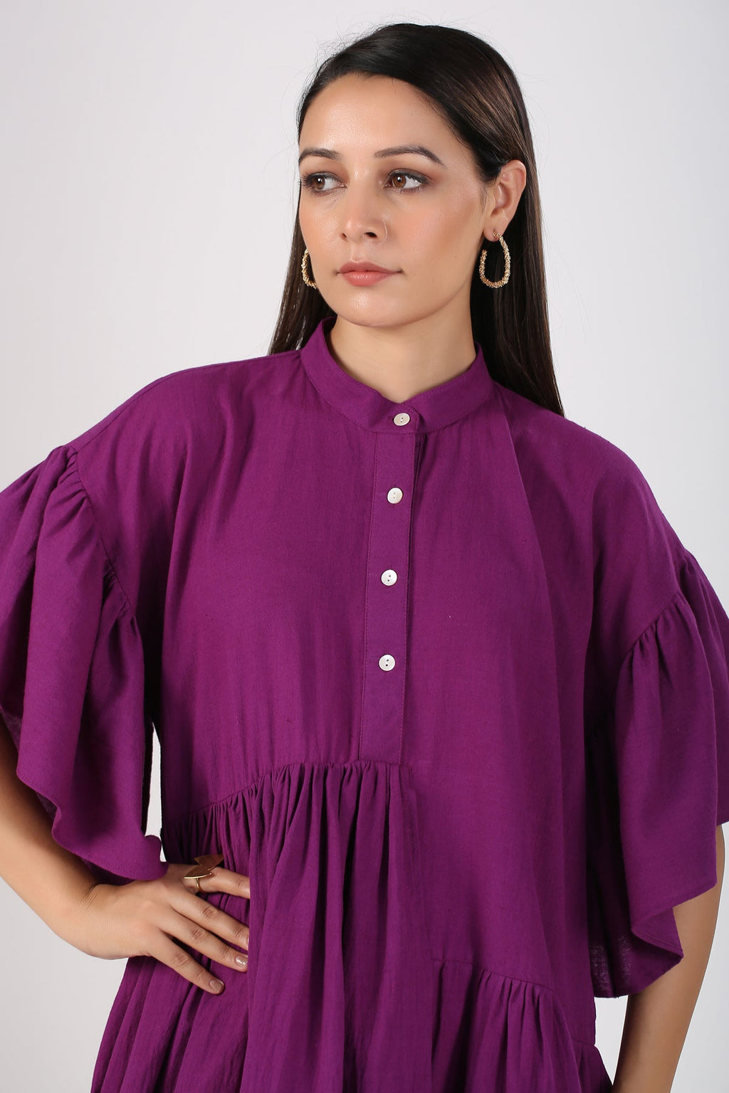 Purple Mini Dress at Kamakhyaa by MOH-The Eternal Dhaga. This item is Casual Wear, Cotton, Mini Dresses, Moh-The eternal Dhaga, Natural, Purple, Relaxed Fit, Shirt Dresses, Solids, Womenswear