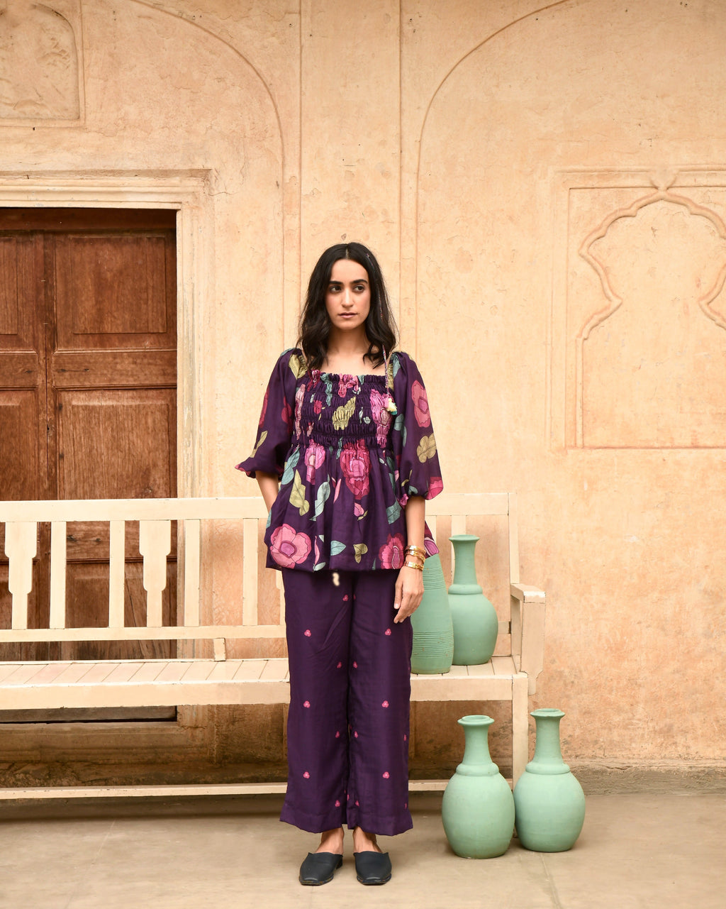 Purple Peplum Top at Kamakhyaa by Taro. This item is Azo Free Dyes, Best Selling, Casual Wear, Chanderi Silk, Garden Of Dreams, July Sale, July Sale 2023, Peplum Tops, Prints, Purple, Womenswear