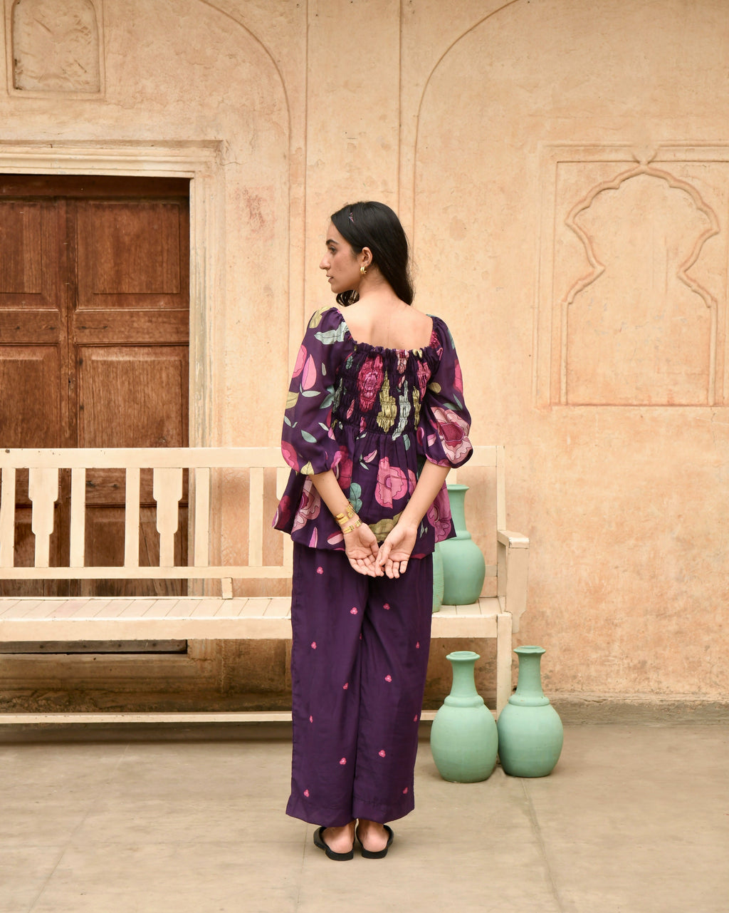 Purple Peplum Top at Kamakhyaa by Taro. This item is Azo Free Dyes, Best Selling, Casual Wear, Chanderi Silk, Garden Of Dreams, July Sale, July Sale 2023, Peplum Tops, Prints, Purple, Womenswear