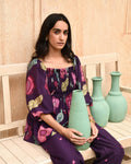Purple Peplum Top at Kamakhyaa by Taro. This item is Azo Free Dyes, Best Selling, Casual Wear, Chanderi Silk, Garden Of Dreams, July Sale, July Sale 2023, Peplum Tops, Prints, Purple, Womenswear
