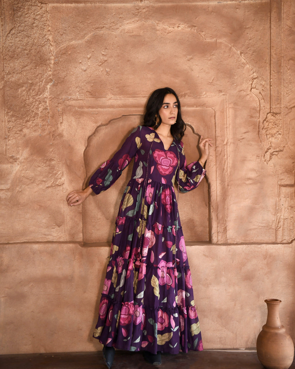Purple Printed Maxi Dress at Kamakhyaa by Taro. This item is Azo Free Dyes, Chanderi Silk, Fusion Wear, Garden Of Dreams, July Sale, July Sale 2023, Maxi Dresses, Prints, Purple, Relaxed Fit, Tiered Dresses, Womenswear