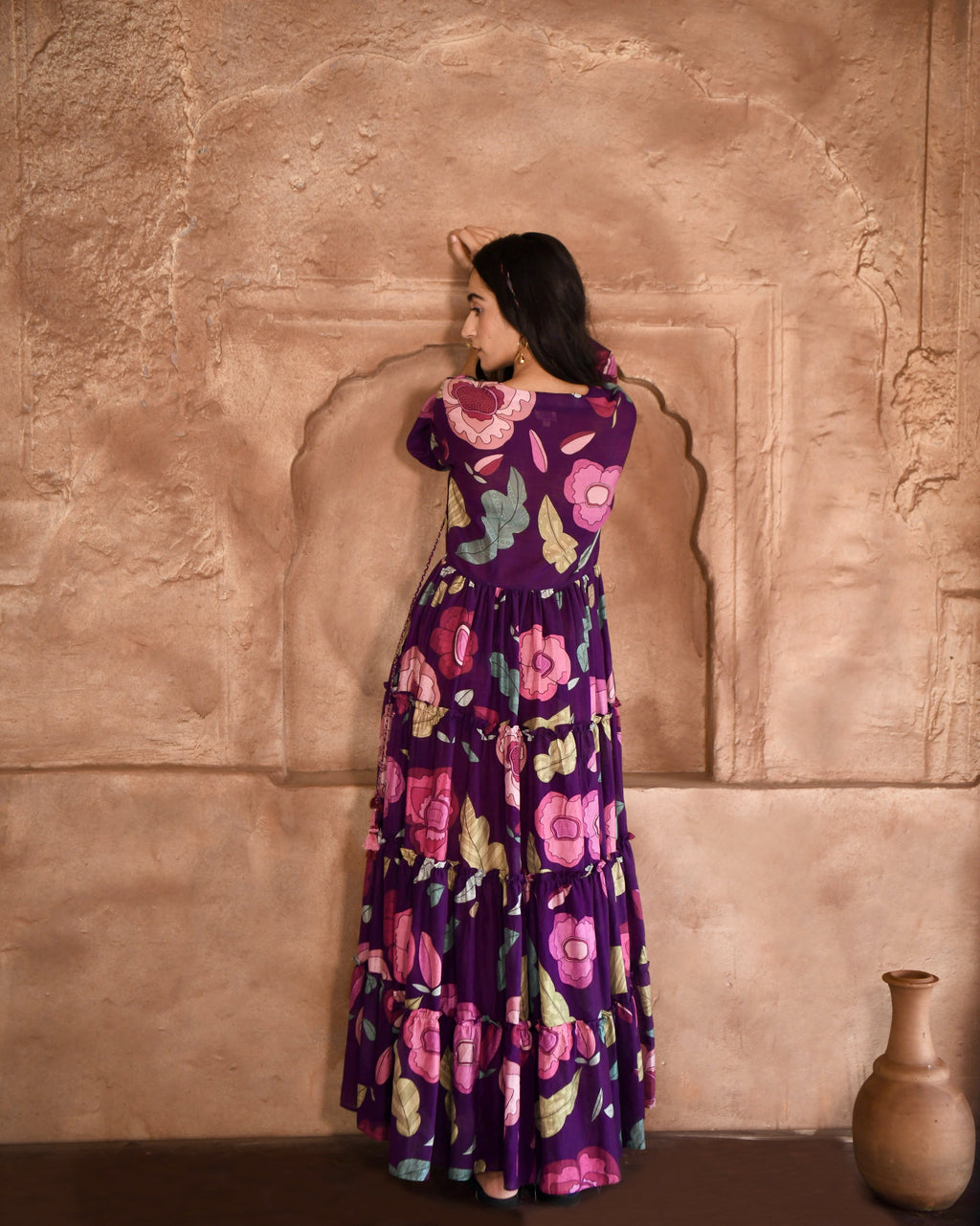 Purple Printed Maxi Dress at Kamakhyaa by Taro. This item is Azo Free Dyes, Chanderi Silk, Fusion Wear, Garden Of Dreams, July Sale, July Sale 2023, Maxi Dresses, Prints, Purple, Relaxed Fit, Tiered Dresses, Womenswear