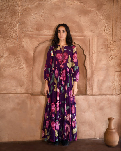 Purple Printed Maxi Dress at Kamakhyaa by Taro. This item is Azo Free Dyes, Chanderi Silk, Fusion Wear, Garden Of Dreams, July Sale, July Sale 2023, Maxi Dresses, Prints, Purple, Relaxed Fit, Tiered Dresses, Womenswear