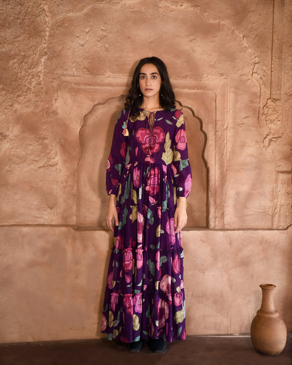 Purple Printed Maxi Dress at Kamakhyaa by Taro. This item is Azo Free Dyes, Chanderi Silk, Fusion Wear, Garden Of Dreams, July Sale, July Sale 2023, Maxi Dresses, Prints, Purple, Relaxed Fit, Tiered Dresses, Womenswear
