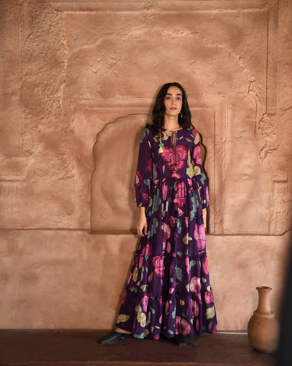 Purple Printed Maxi Dress at Kamakhyaa by Taro. This item is Azo Free Dyes, Chanderi Silk, Fusion Wear, Garden Of Dreams, July Sale, July Sale 2023, Maxi Dresses, Prints, Purple, Relaxed Fit, Tiered Dresses, Womenswear