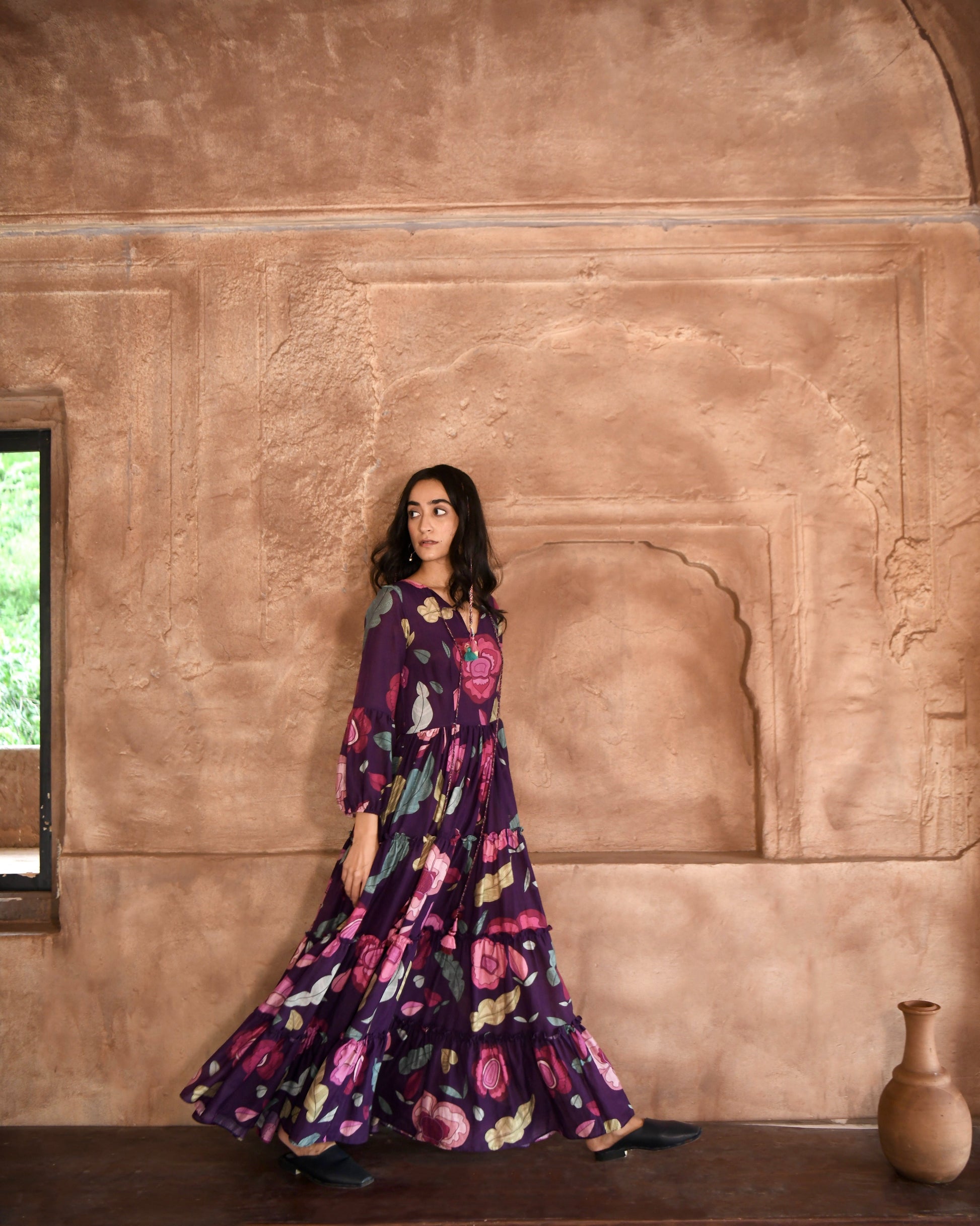 Purple Printed Maxi Dress at Kamakhyaa by Taro. This item is Azo Free Dyes, Chanderi Silk, Fusion Wear, Garden Of Dreams, July Sale, July Sale 2023, Maxi Dresses, Prints, Purple, Relaxed Fit, Tiered Dresses, Womenswear