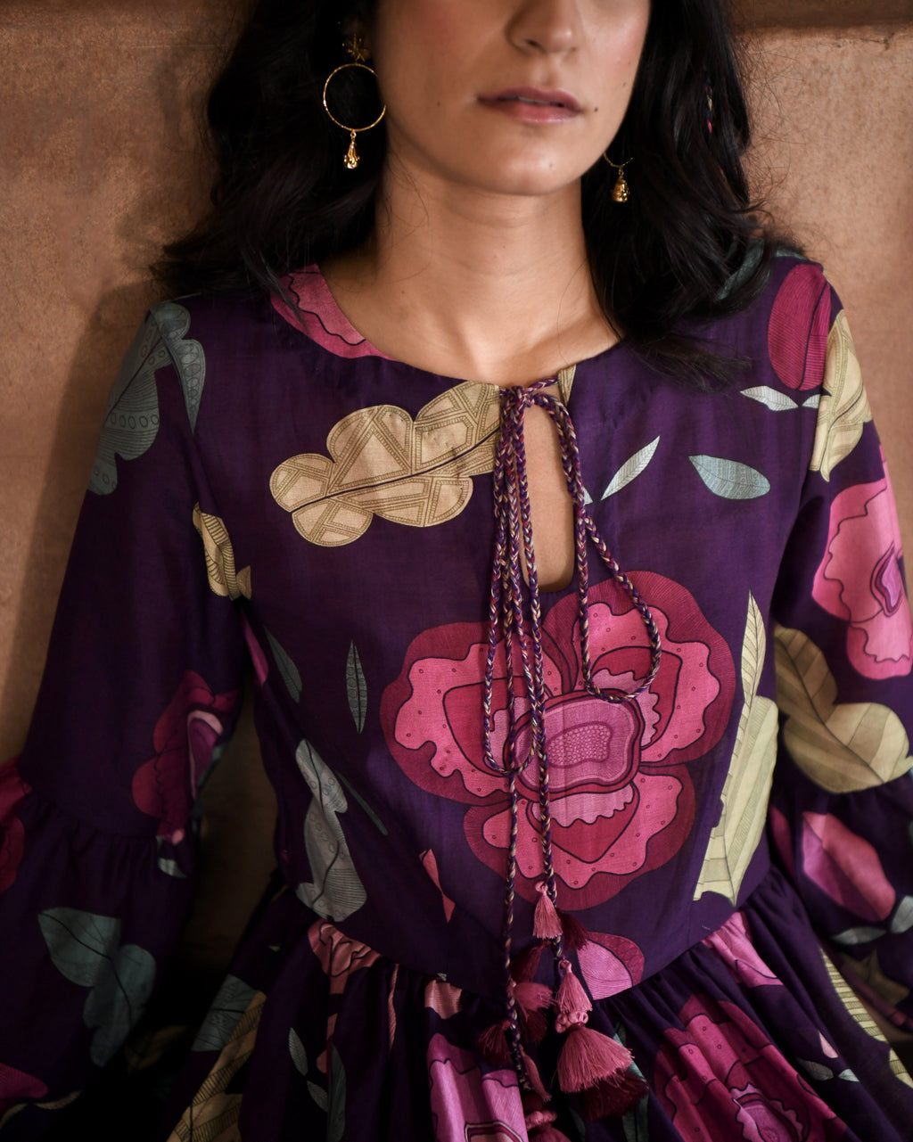 Purple Printed Maxi Dress at Kamakhyaa by Taro. This item is Azo Free Dyes, Chanderi Silk, Fusion Wear, Garden Of Dreams, July Sale, July Sale 2023, Maxi Dresses, Prints, Purple, Relaxed Fit, Tiered Dresses, Womenswear