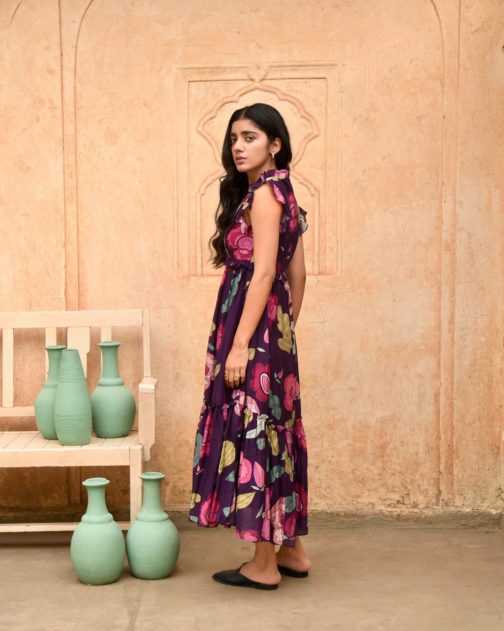 Purple Printed Midi Dress at Kamakhyaa by Taro. This item is Azo Free Dyes, Best Selling, Casual Wear, Chanderi Silk, FB ADS JUNE, Garden Of Dreams, July Sale, July Sale 2023, Midi Dresses, Prints, Purple, Sleeveless Dresses, Womenswear