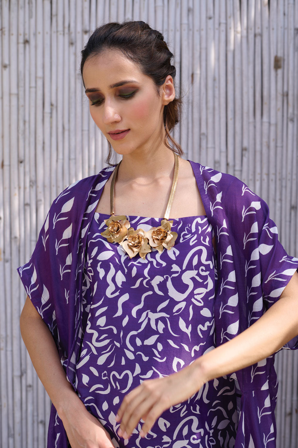 Purple Printed Three Piece Set at Kamakhyaa by Kanelle. This item is Chanderi, Festive Wear, Natural, Partywear Co-ord, Partywear Co-ords, Printed, Purple, Rang, Regular Fit, Viscose Silk, Womenswear