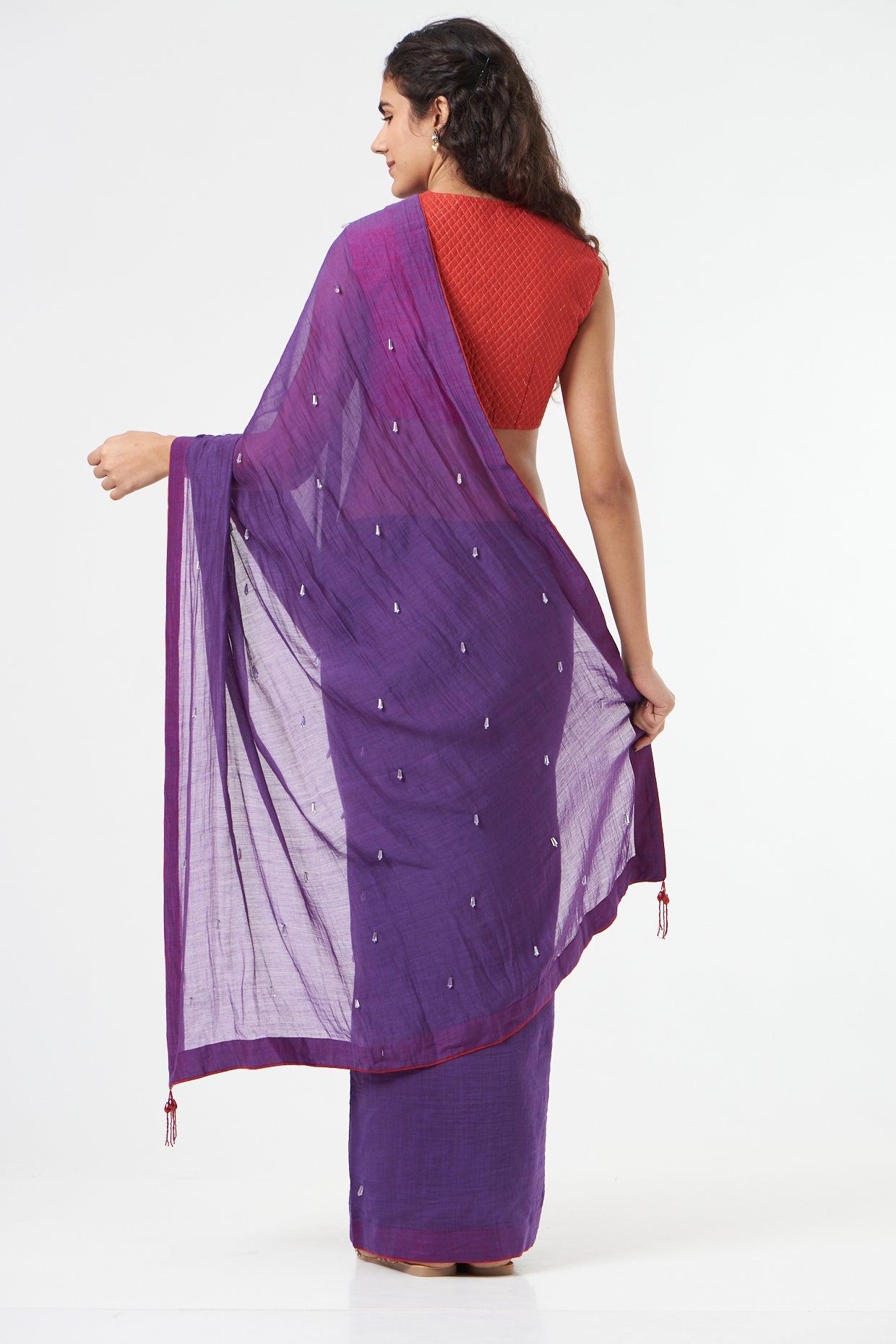 Purple Saree With Crystal Drops + Peticot at Kamakhyaa by Ahmev. This item is Casual Wear, Festive '22, For Mother, Free Size, Indian Wear, July Sale, July Sale 2023, Natural, New, Purple, Regular Fit, Saree Sets, Silk Chanderi, Textured, Womenswear