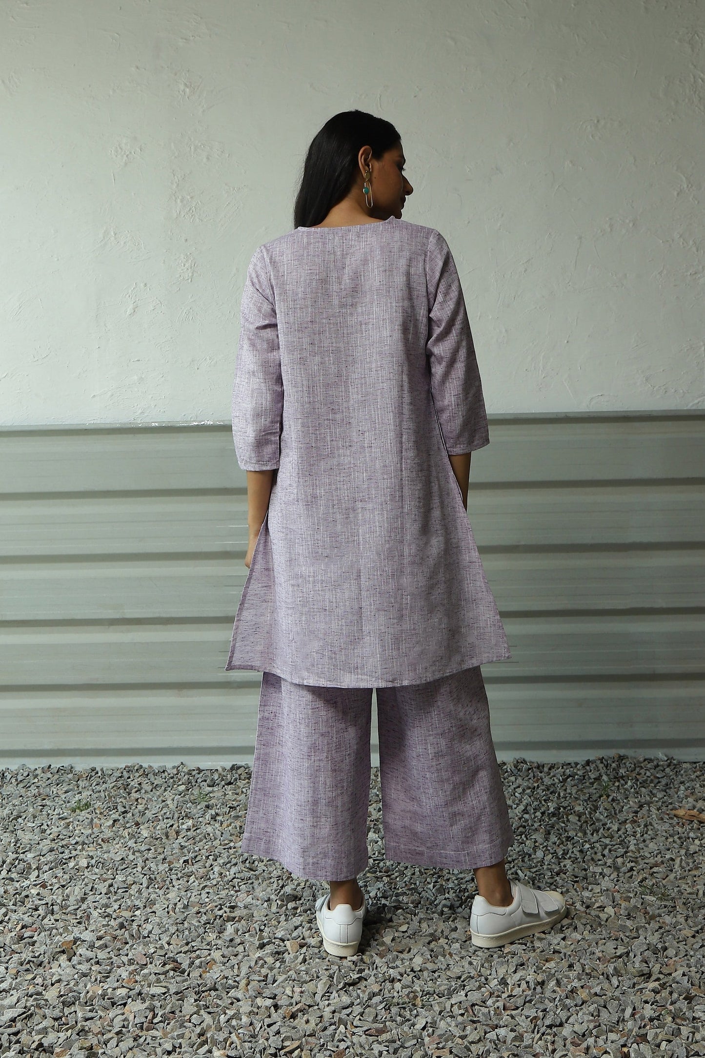 Purple Short Kurta Palazzo Cotton Co-Ord Set at Kamakhyaa by Canoopi. This item is Canoopi, Casual Wear, Indian Wear, Khadi, Kurta Palazzo Sets, Natural, Purple, Regular Fit, Solids, Womenswear