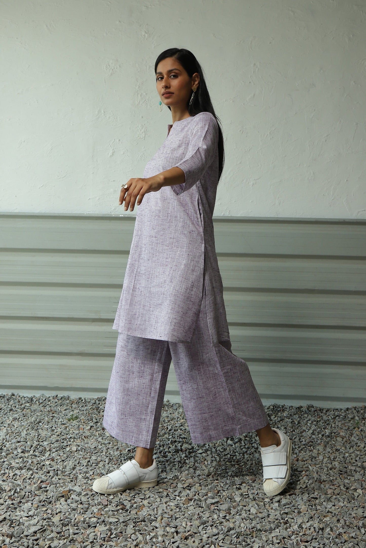 Purple Short Kurta Palazzo Cotton Co-Ord Set at Kamakhyaa by Canoopi. This item is Canoopi, Casual Wear, Indian Wear, Khadi, Kurta Palazzo Sets, Natural, Purple, Regular Fit, Solids, Womenswear