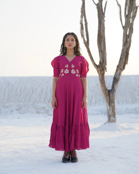 Purple Silk Maxi Dress at Kamakhyaa by The Loom Art. This item is Aurora SS24, Casual Wear, Chanderi Silk, Embroidered, July Sale, July Sale 2023, Maxi Dresses, Ombre & Dyes, Organic, Purple, Relaxed Fit, Tiered Dresses, Womenswear