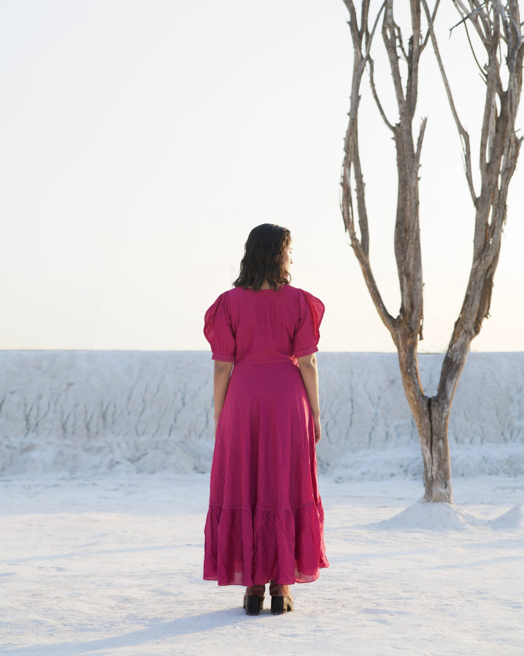 Purple Silk Maxi Dress at Kamakhyaa by The Loom Art. This item is Aurora SS24, Casual Wear, Chanderi Silk, Embroidered, July Sale, July Sale 2023, Maxi Dresses, Ombre & Dyes, Organic, Purple, Relaxed Fit, Tiered Dresses, Womenswear