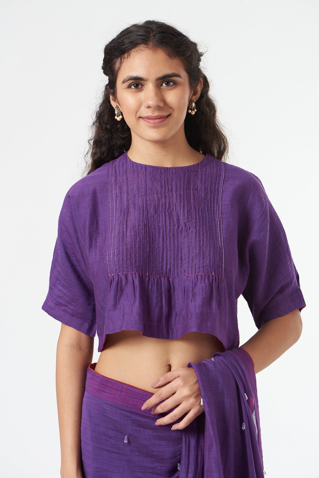 Purple Textured Chanderi Silk Blouse at Kamakhyaa by Ahmev. This item is Casual Wear, Festive '22, July Sale, July Sale 2023, Natural, New, Purple, Regular Fit, Saree Blouses, Silk Chanderi, Textured, Tops, Womenswear